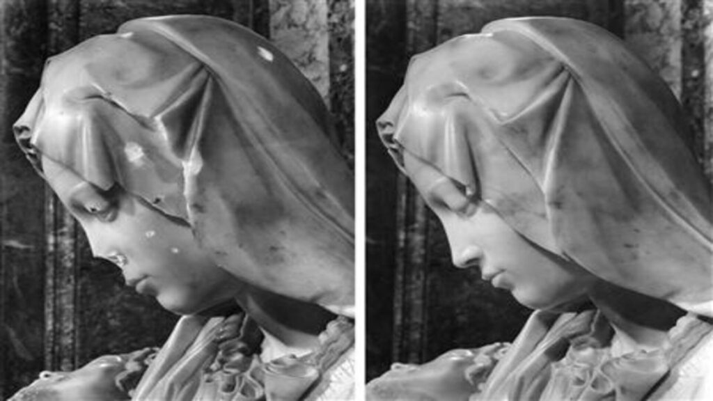 A combo photo shows a detail view of the damaged Michelangelo’s Pieta and it after restoration works at the Vatican